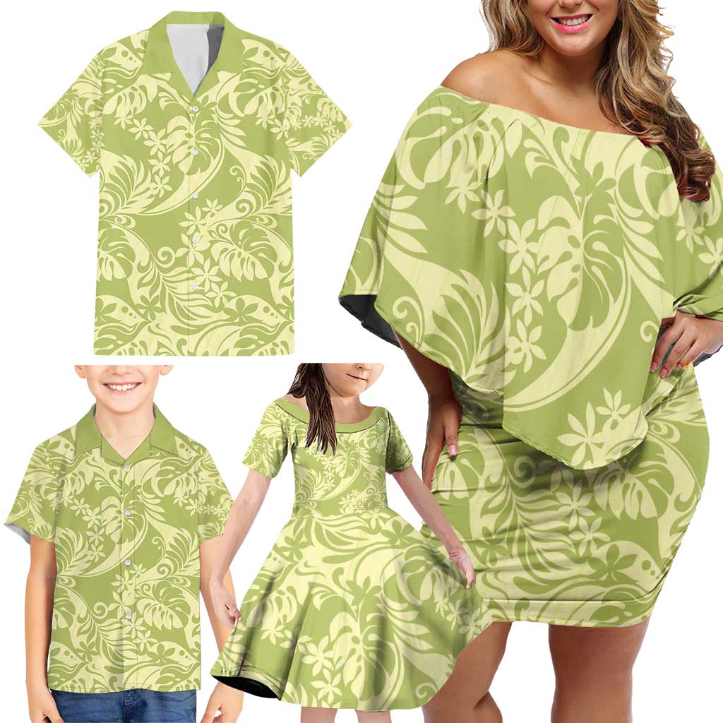Tahiti Olive Tiare Floral Family Matching Off Shoulder Short Dress and Hawaiian Shirt Monstera Palm Tropical Leaves - Polynesian Pride