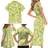 Tahiti Olive Tiare Floral Family Matching Short Sleeve Bodycon Dress and Hawaiian Shirt Monstera Palm Tropical Leaves - Polynesian Pride