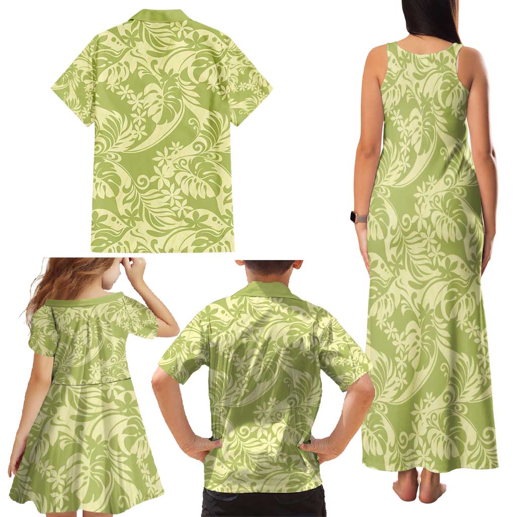 Tahiti Olive Tiare Floral Family Matching Tank Maxi Dress and Hawaiian Shirt Monstera Palm Tropical Leaves - Polynesian Pride