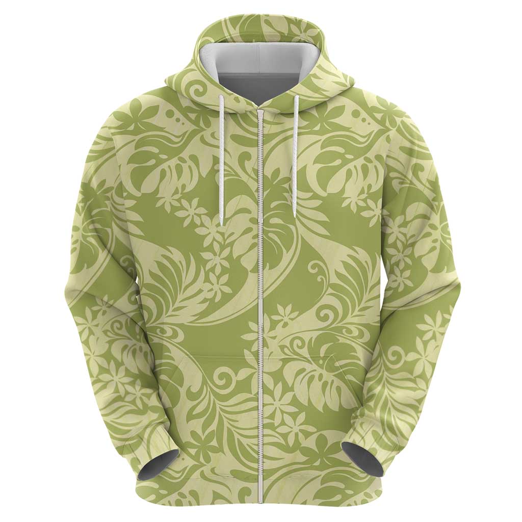 Tahiti Olive Tiare Floral Hoodie Monstera Palm Tropical Leaves - Polynesian Pride