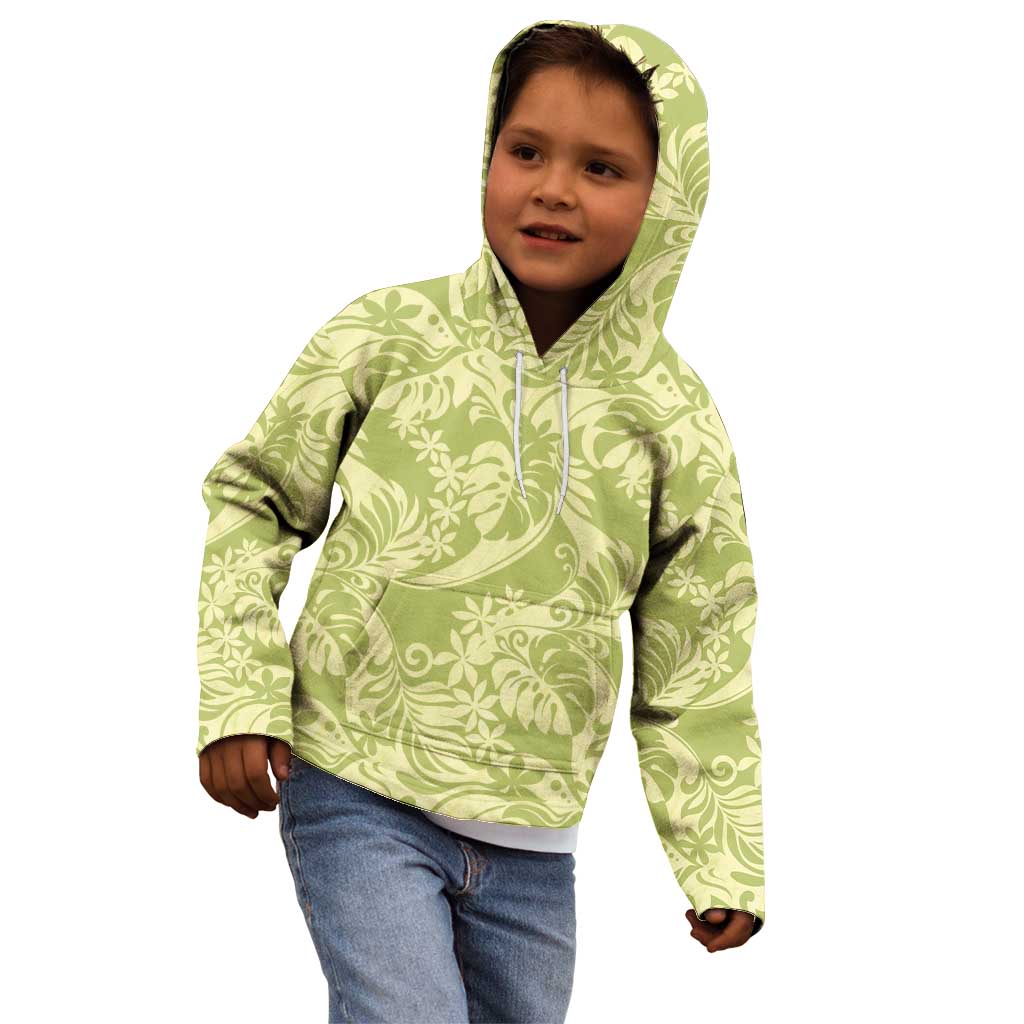 Tahiti Olive Tiare Floral Kid Hoodie Monstera Palm Tropical Leaves - Polynesian Pride
