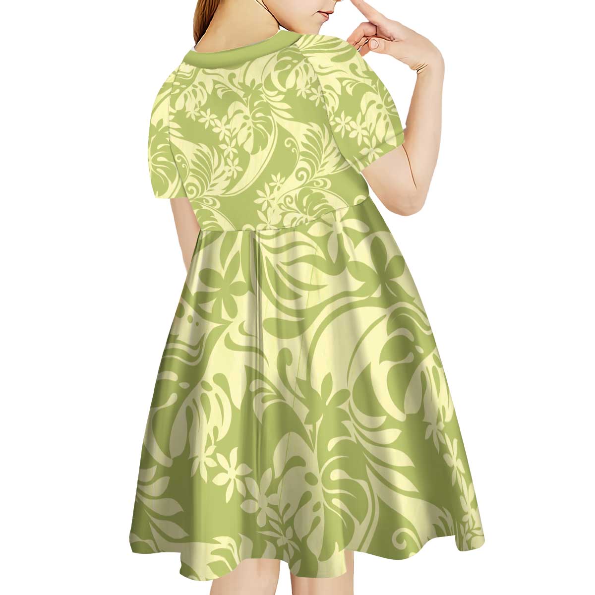 Tahiti Olive Tiare Floral Kid Short Sleeve Dress Monstera Palm Tropical Leaves - Polynesian Pride