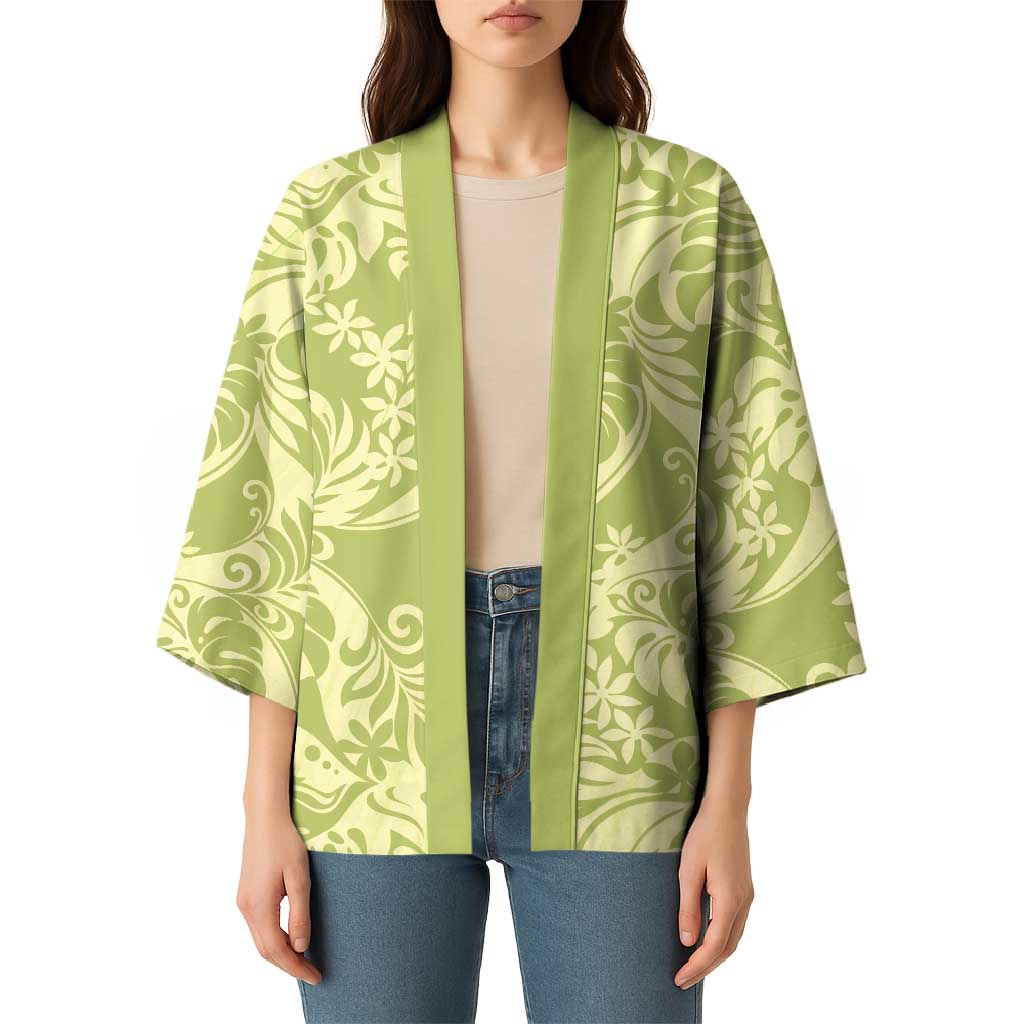 Tahiti Olive Tiare Floral Kimono Monstera Palm Tropical Leaves - Polynesian Pride