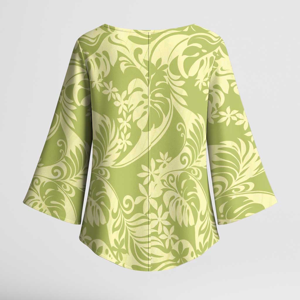 Tahiti Olive Tiare Floral Kimono Sleeve Blouse Monstera Palm Tropical Leaves - Polynesian Pride