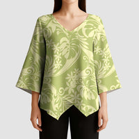 Tahiti Olive Tiare Floral Kimono Sleeve Blouse Monstera Palm Tropical Leaves - Polynesian Pride
