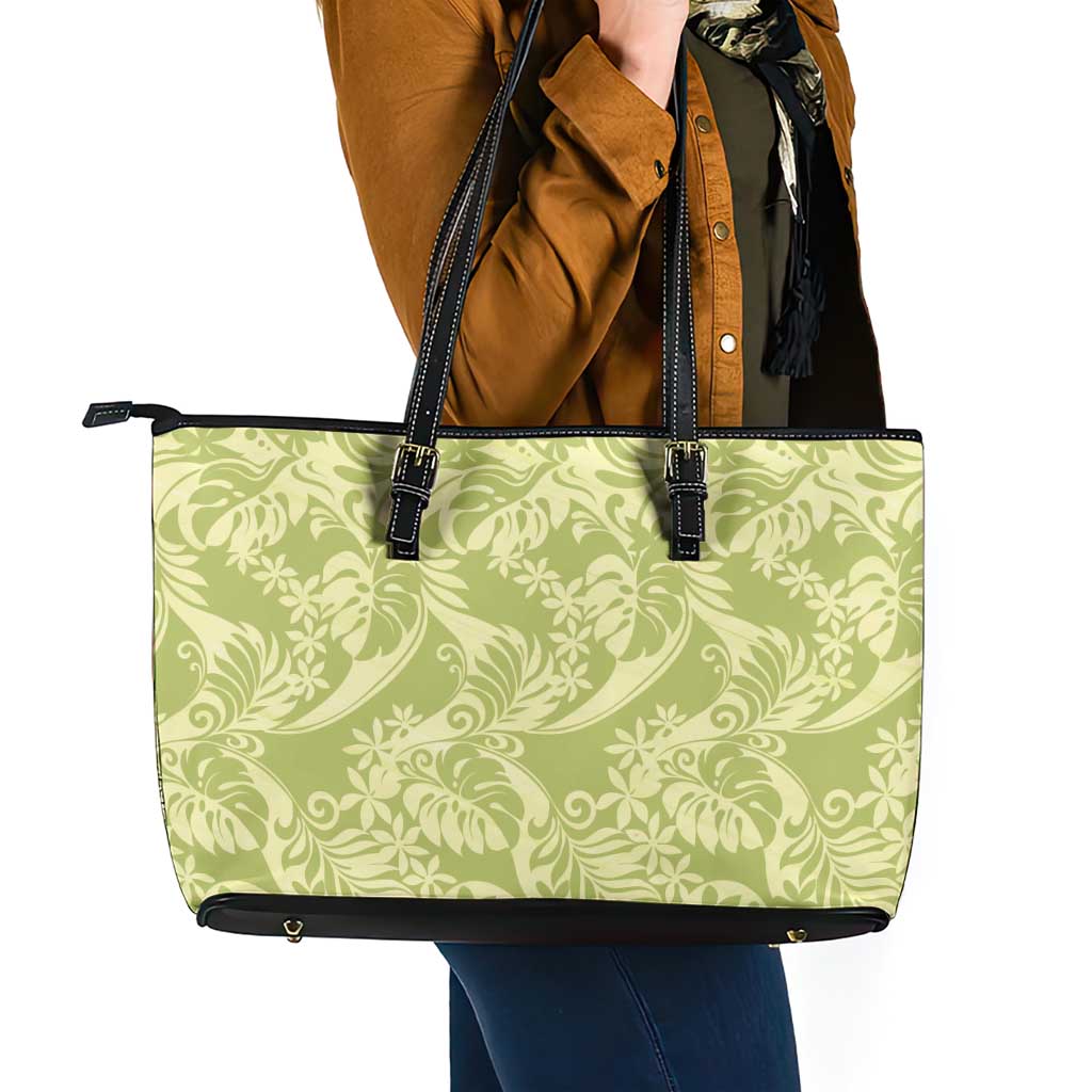Tahiti Olive Tiare Floral Leather Tote Bag Monstera Palm Tropical Leaves - Polynesian Pride