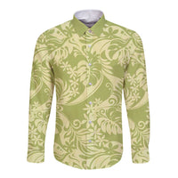 Tahiti Olive Tiare Floral Long Sleeve Button Shirt Monstera Palm Tropical Leaves - Polynesian Pride