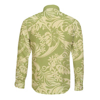 Tahiti Olive Tiare Floral Long Sleeve Button Shirt Monstera Palm Tropical Leaves - Polynesian Pride