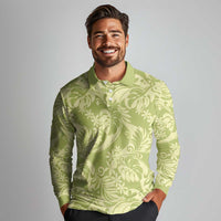 Tahiti Olive Tiare Floral Long Sleeve Polo Shirt Monstera Palm Tropical Leaves - Polynesian Pride
