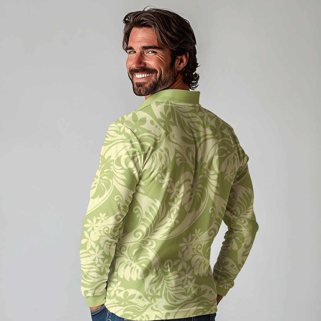 Tahiti Olive Tiare Floral Long Sleeve Polo Shirt Monstera Palm Tropical Leaves - Polynesian Pride