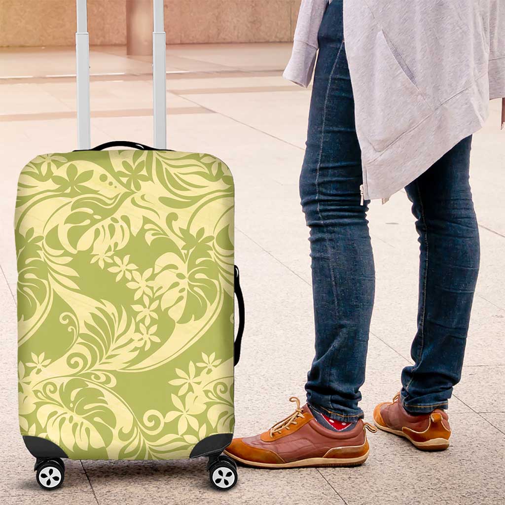 Tahiti Olive Tiare Floral Luggage Cover Monstera Palm Tropical Leaves - Polynesian Pride