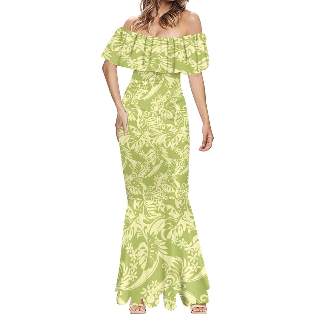 Tahiti Olive Tiare Floral Mermaid Dress Monstera Palm Tropical Leaves - Polynesian Pride