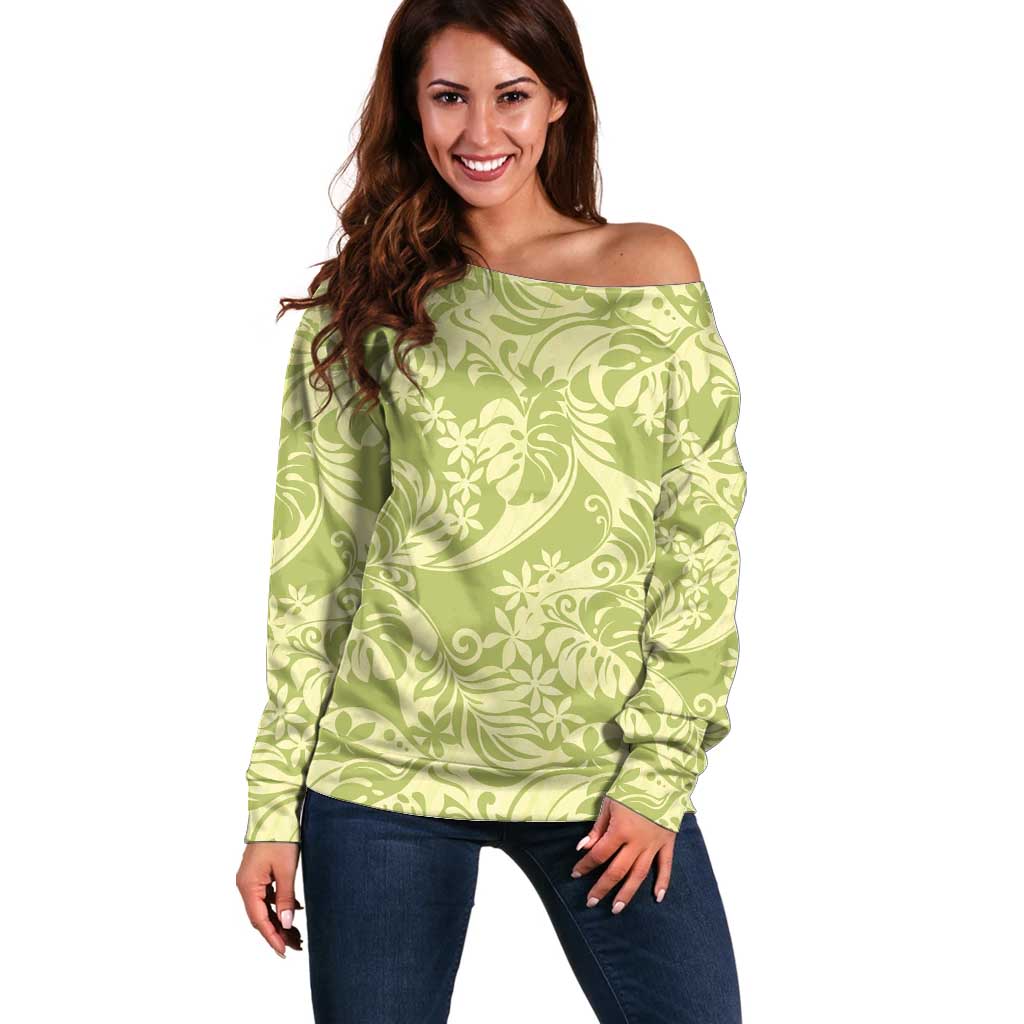 Tahiti Olive Tiare Floral Off Shoulder Sweater Monstera Palm Tropical Leaves - Polynesian Pride