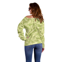 Tahiti Olive Tiare Floral Off Shoulder Sweater Monstera Palm Tropical Leaves - Polynesian Pride