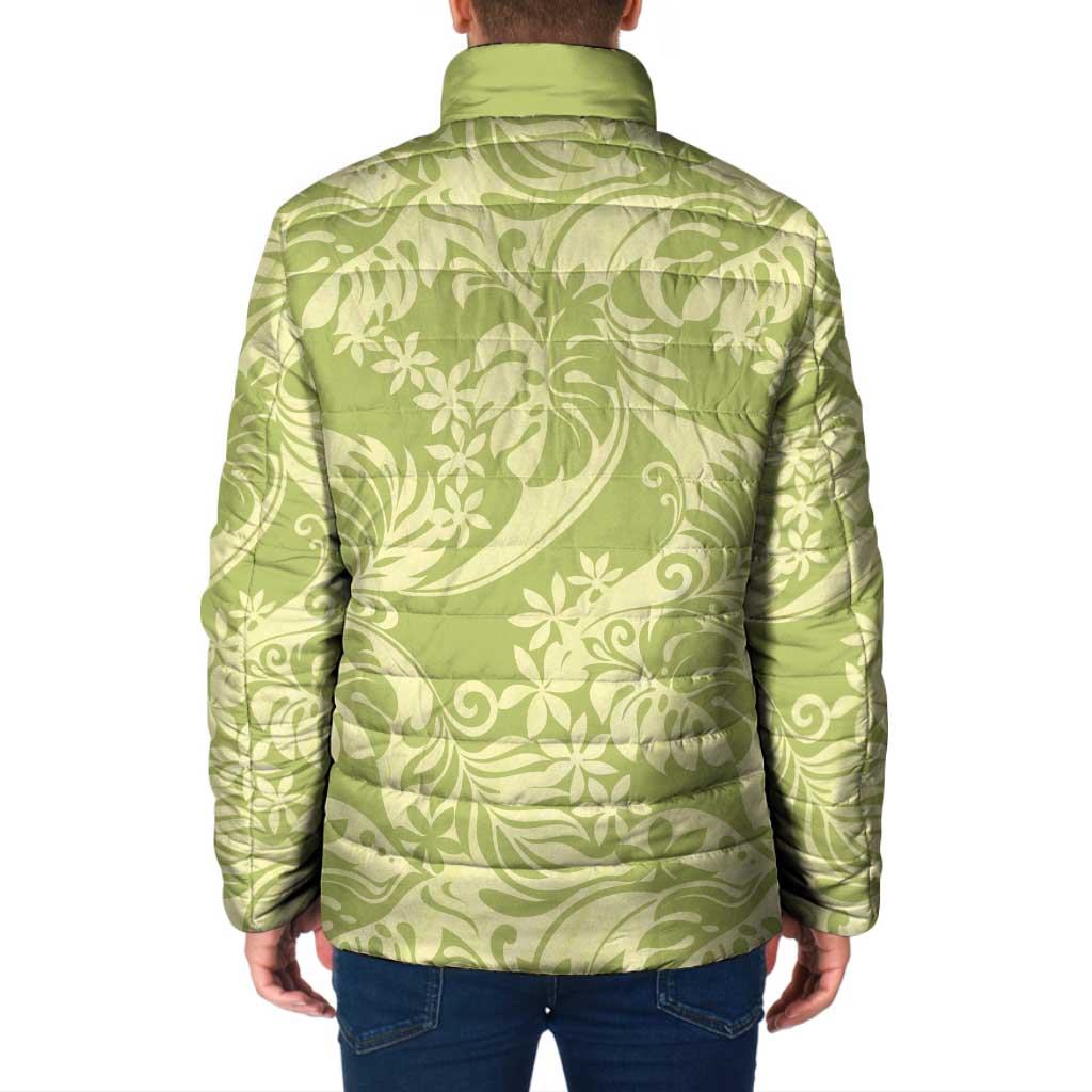 Tahiti Olive Tiare Floral Padded Jacket Monstera Palm Tropical Leaves - Polynesian Pride