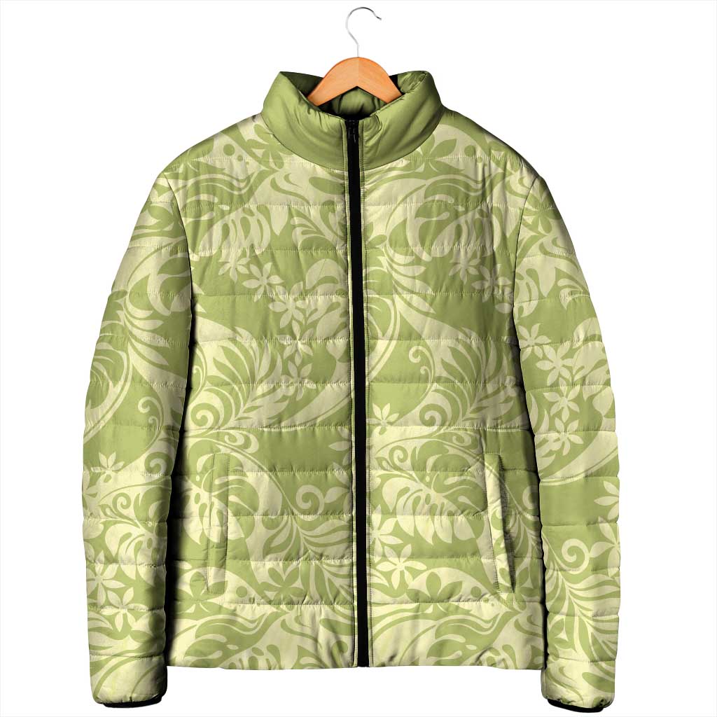 Tahiti Olive Tiare Floral Padded Jacket Monstera Palm Tropical Leaves - Polynesian Pride