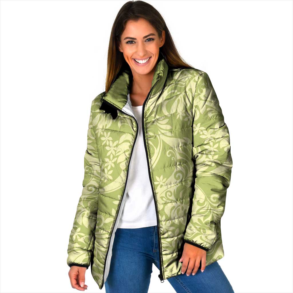 Tahiti Olive Tiare Floral Padded Jacket Monstera Palm Tropical Leaves - Polynesian Pride