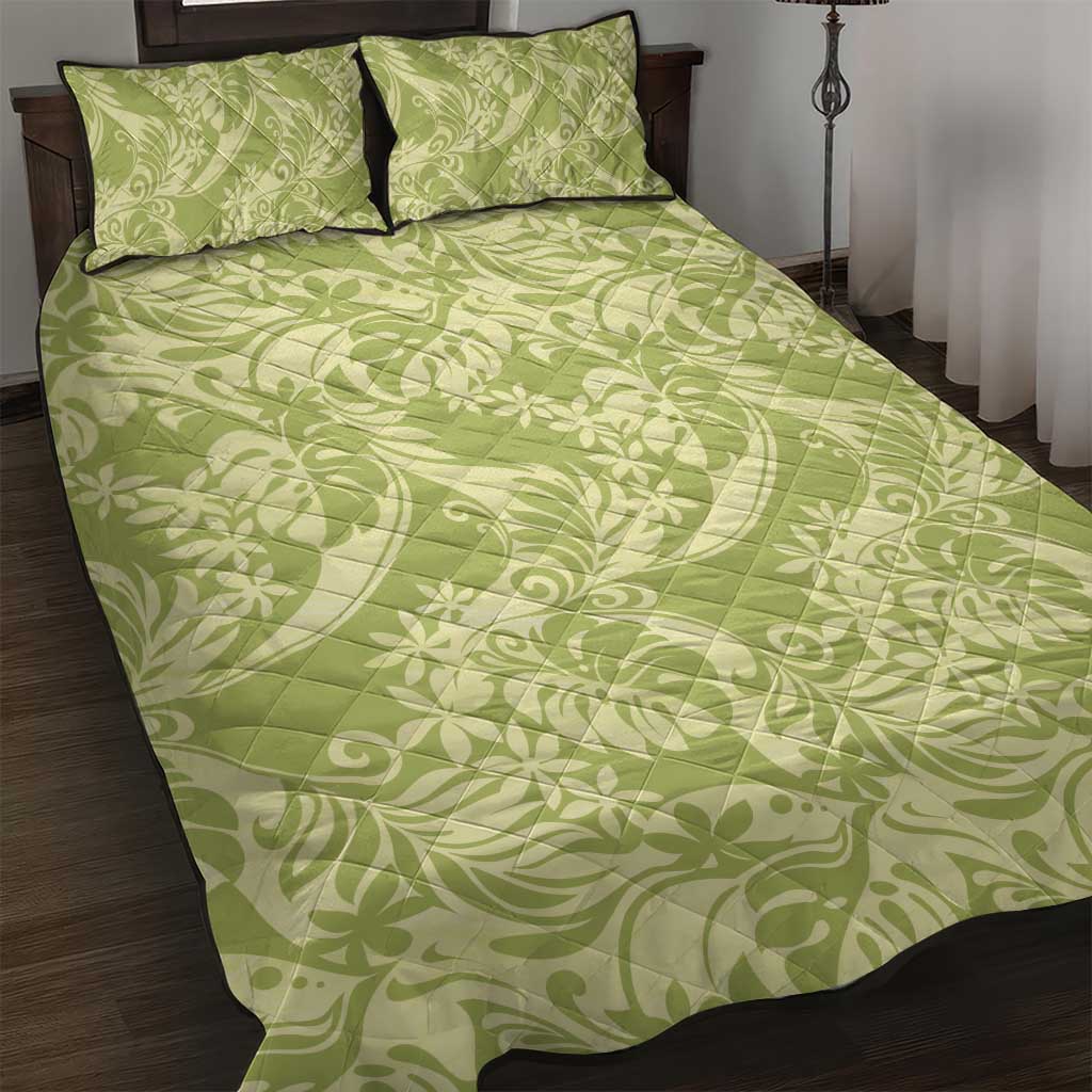 Tahiti Olive Tiare Floral Quilt Bed Set Monstera Palm Tropical Leaves - Polynesian Pride