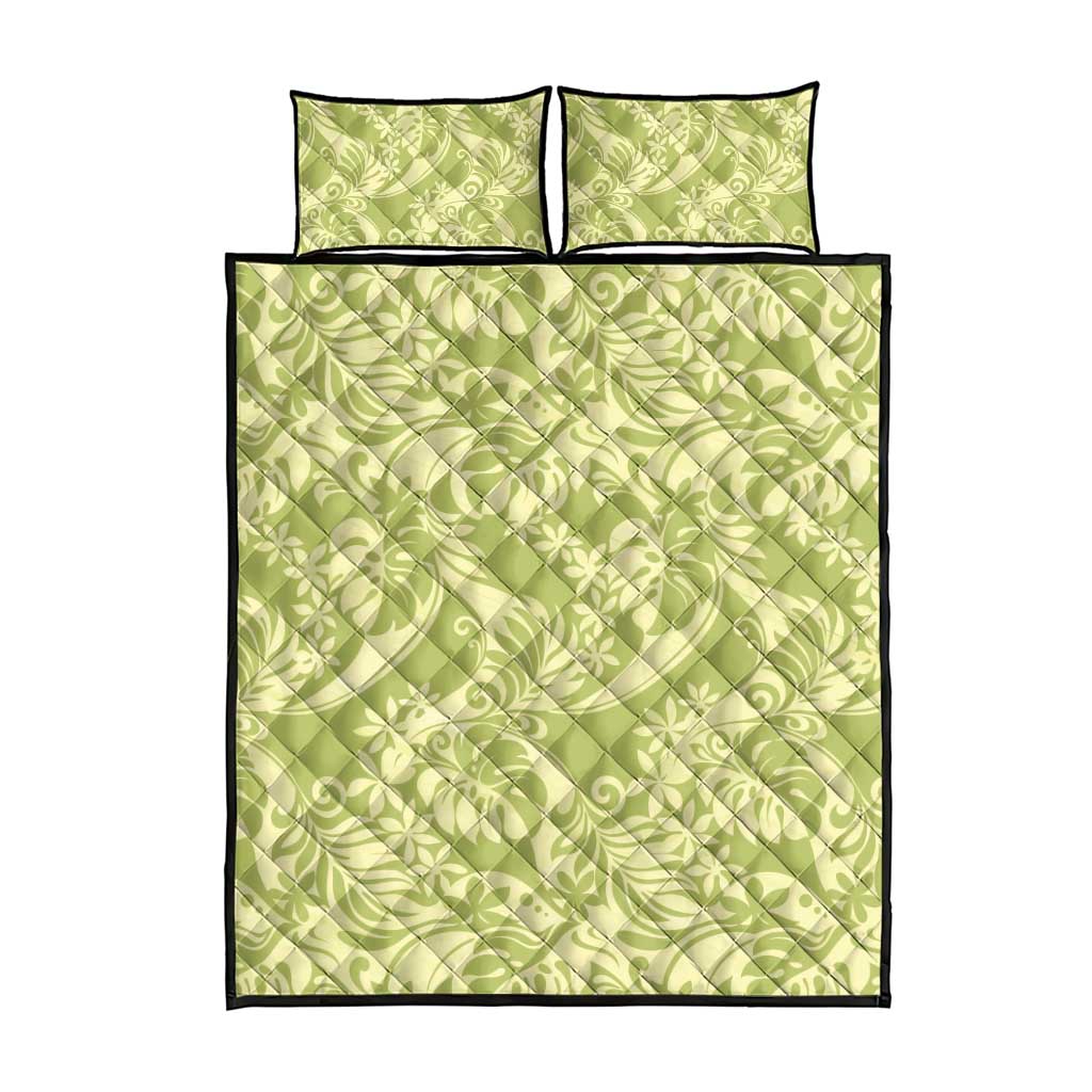 Tahiti Olive Tiare Floral Quilt Bed Set Monstera Palm Tropical Leaves - Polynesian Pride