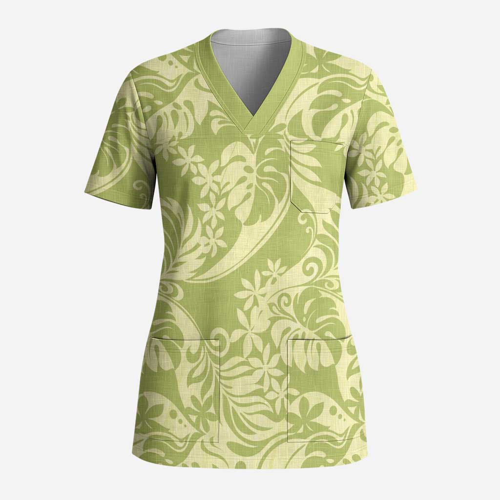 Tahiti Olive Tiare Floral Scrub Top Monstera Palm Tropical Leaves - Polynesian Pride