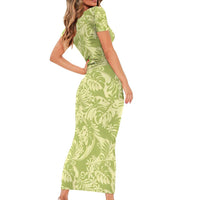 Tahiti Olive Tiare Floral Short Sleeve Bodycon Dress Monstera Palm Tropical Leaves - Polynesian Pride