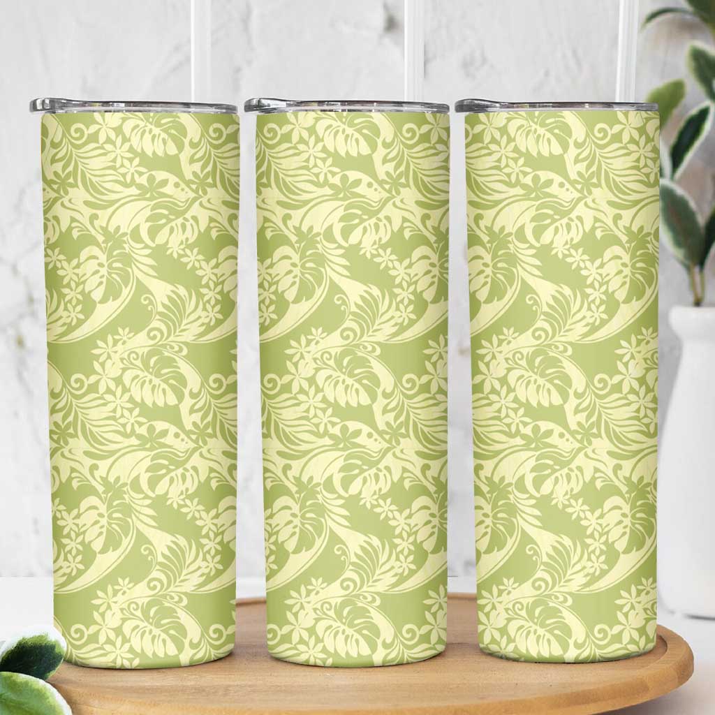 Tahiti Olive Tiare Floral Skinny Tumbler Monstera Palm Tropical Leaves - Polynesian Pride