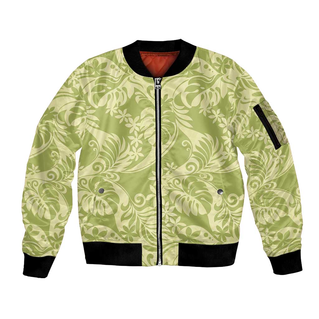 Tahiti Olive Tiare Floral Sleeve Zip Bomber Jacket Monstera Palm Tropical Leaves - Polynesian Pride