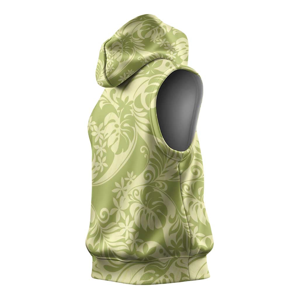 Tahiti Olive Tiare Floral Sleeveless Hoodie Monstera Palm Tropical Leaves - Polynesian Pride