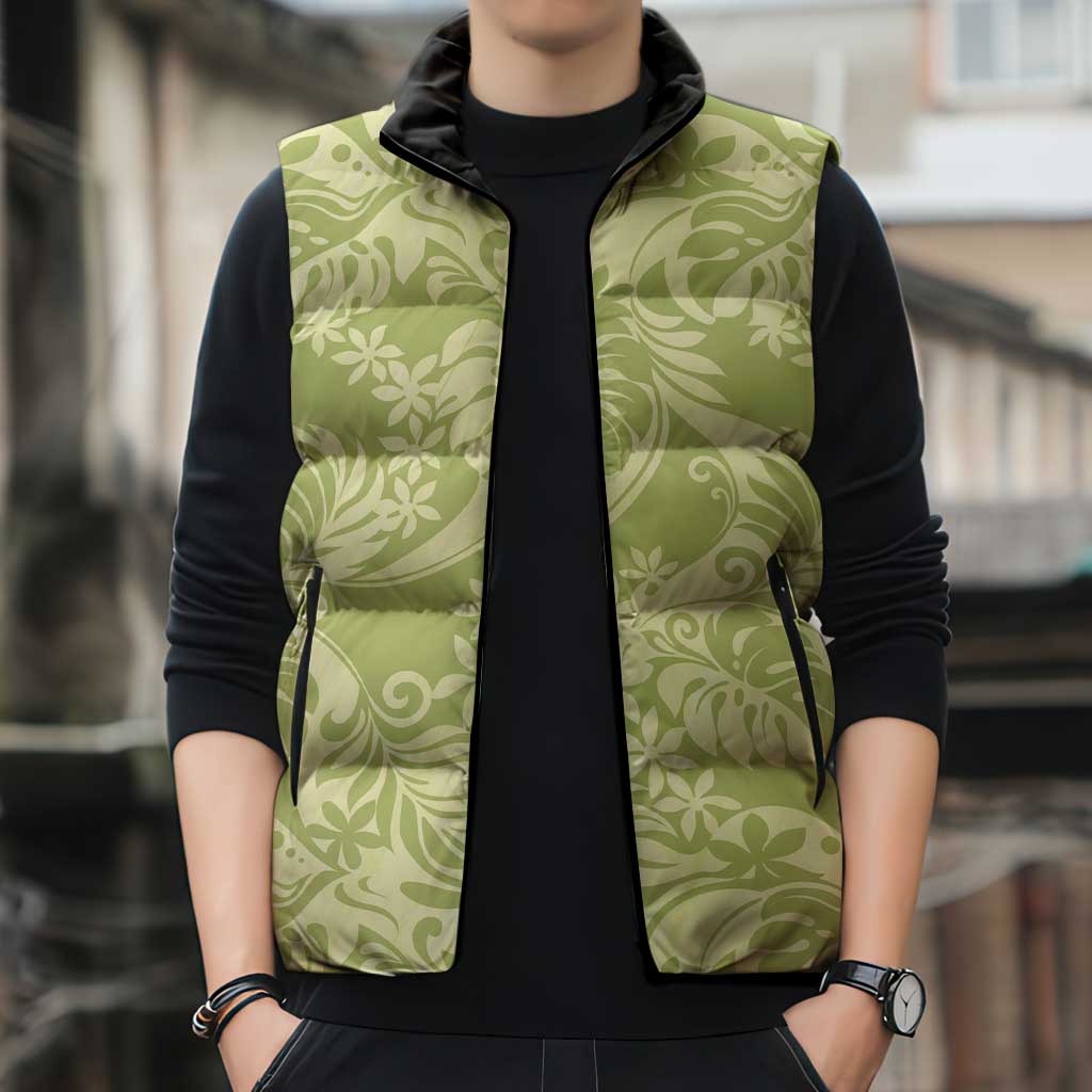 Tahiti Olive Tiare Floral Sleeveless Puffer Jacket Monstera Palm Tropical Leaves - Polynesian Pride
