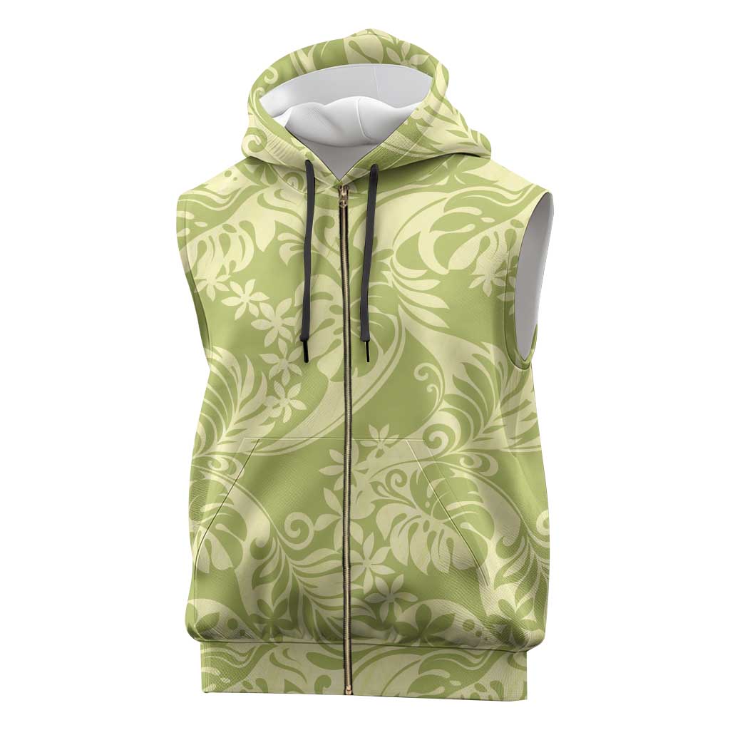 Tahiti Olive Tiare Floral Sleeveless Zip Hoodie Monstera Palm Tropical Leaves - Polynesian Pride