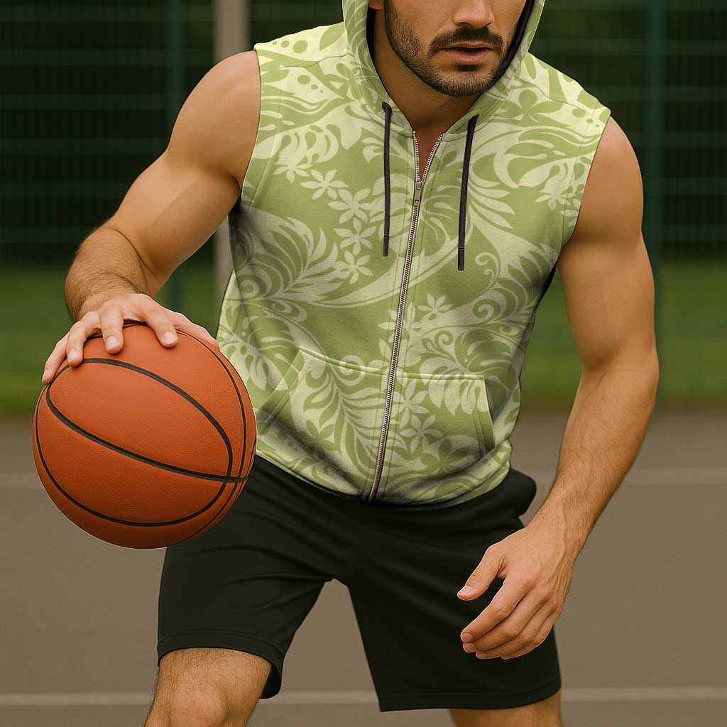 Tahiti Olive Tiare Floral Sleeveless Zip Hoodie Monstera Palm Tropical Leaves - Polynesian Pride