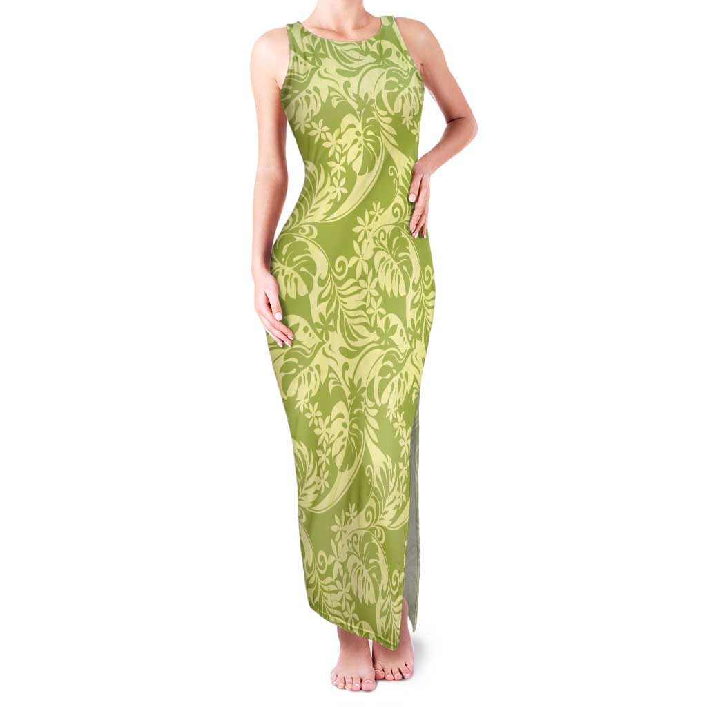 Tahiti Olive Tiare Floral Tank Maxi Dress Monstera Palm Tropical Leaves - Polynesian Pride