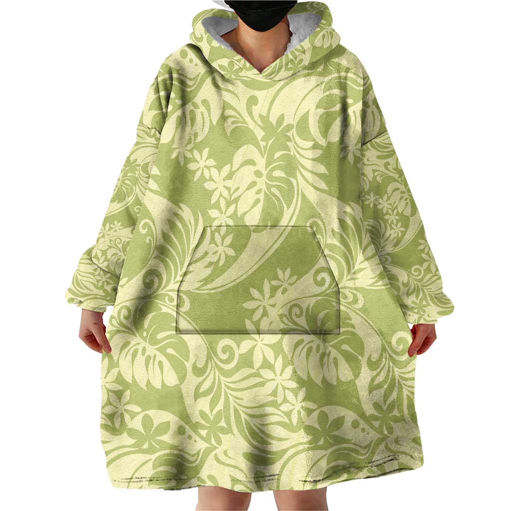 Tahiti Olive Tiare Floral Wearable Blanket Hoodie Monstera Palm Tropical Leaves - Polynesian Pride