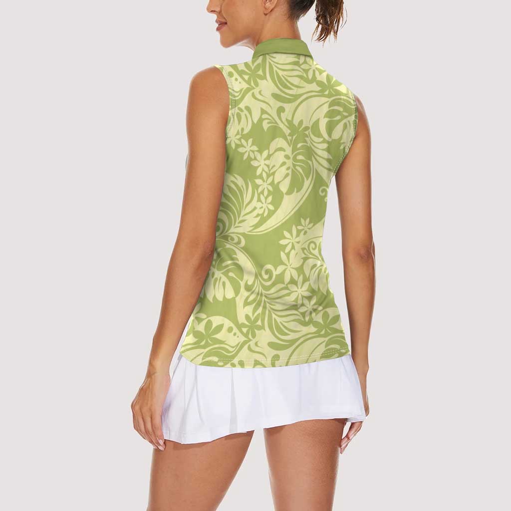 Tahiti Olive Tiare Floral Women Sleeveless Polo Shirt Monstera Palm Tropical Leaves - Polynesian Pride