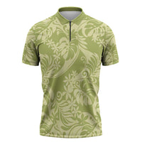 Tahiti Olive Tiare Floral Zipper Polo Shirt Monstera Palm Tropical Leaves - Polynesian Pride
