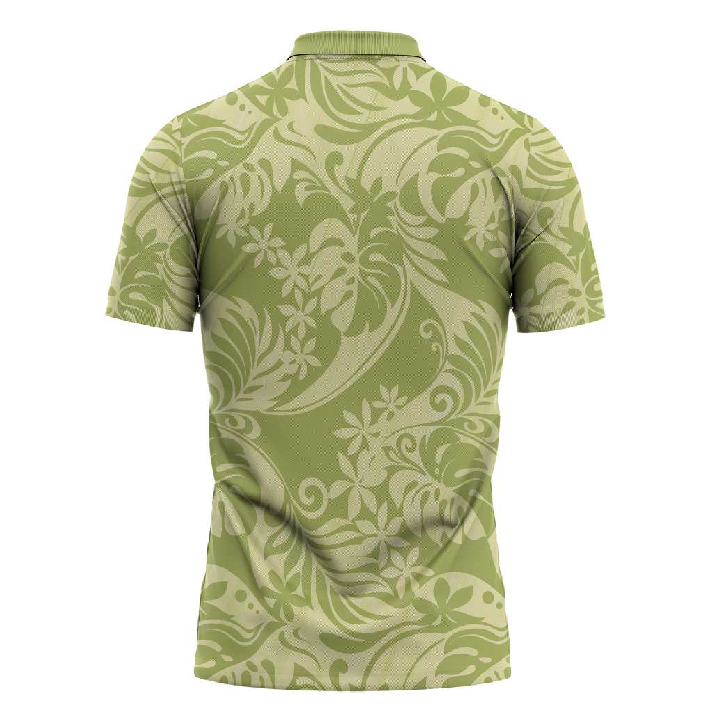 Tahiti Olive Tiare Floral Zipper Polo Shirt Monstera Palm Tropical Leaves - Polynesian Pride