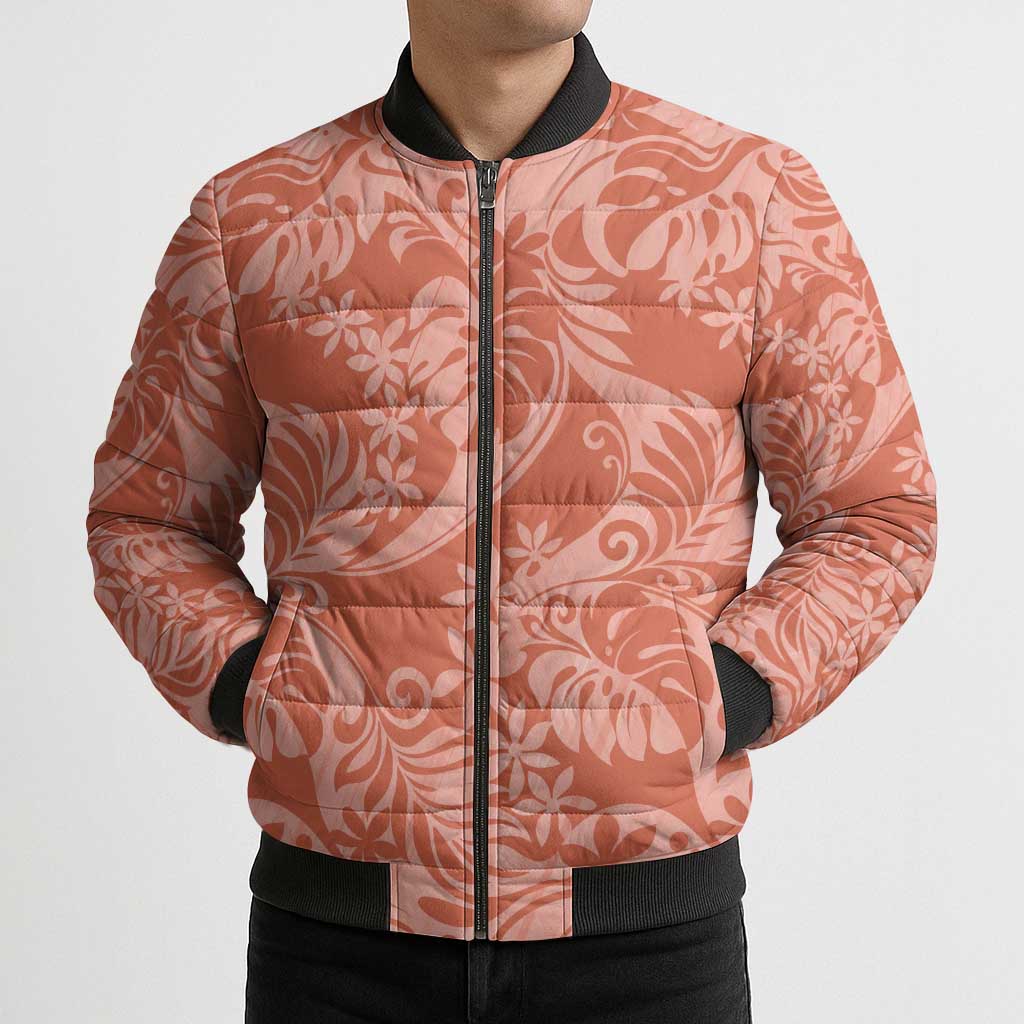 Tahiti Puatou Tiare Floral Bomber Puffer Jacket Monstera Palm Tropical Leaves - Polynesian Pride