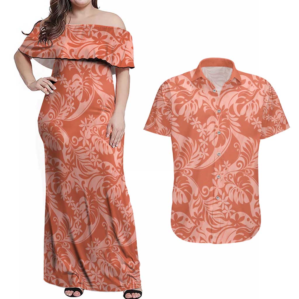 Tahiti Puatou Tiare Floral Couples Matching Off Shoulder Maxi Dress and Hawaiian Shirt Monstera Palm Tropical Leaves - Polynesian Pride