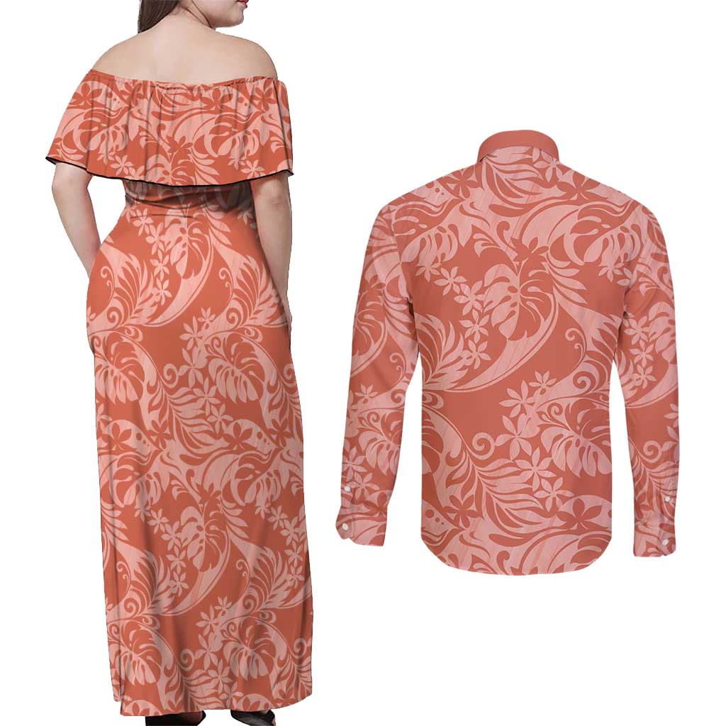 Tahiti Puatou Tiare Floral Couples Matching Off Shoulder Maxi Dress and Long Sleeve Button Shirt Monstera Palm Tropical Leaves - Polynesian Pride