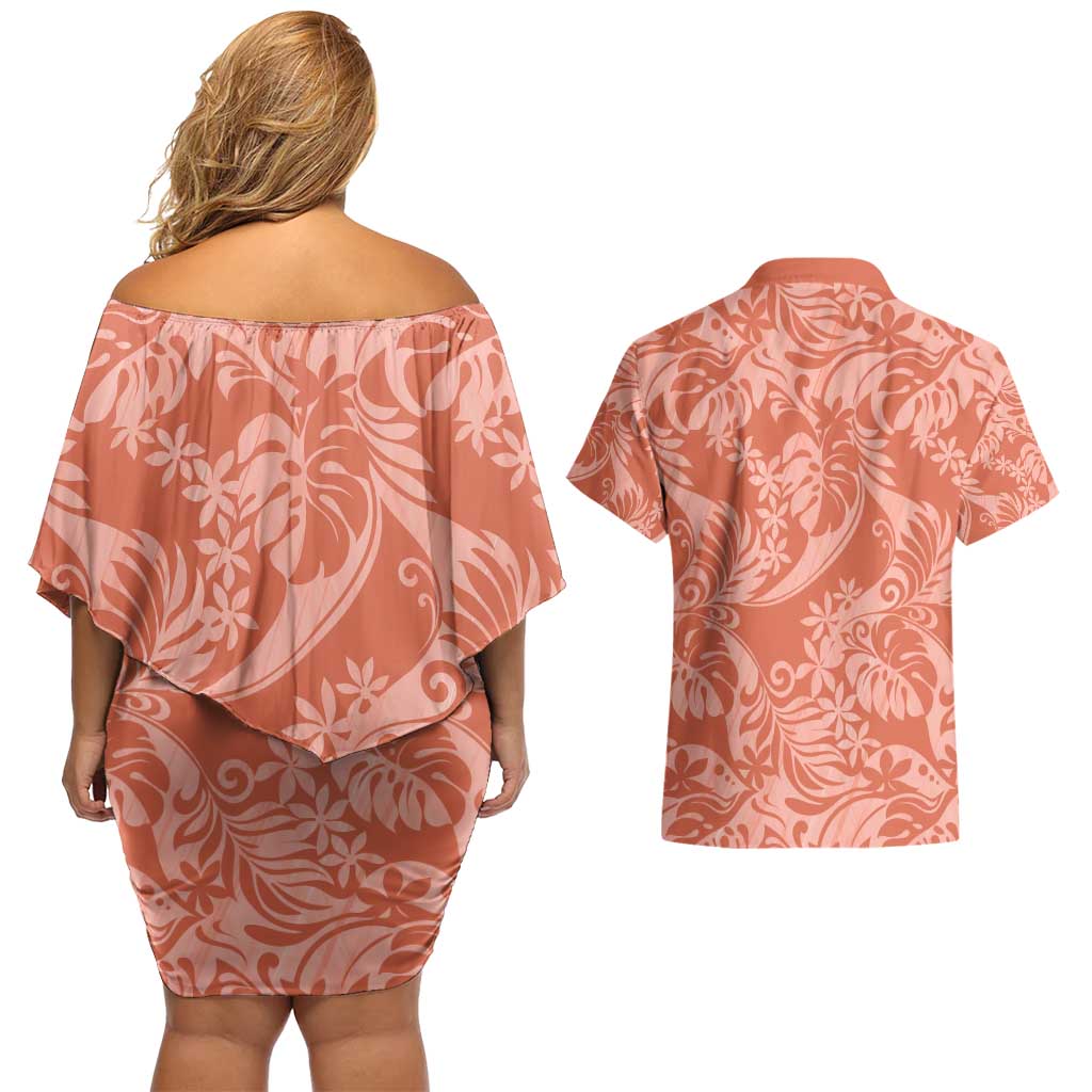 Tahiti Puatou Tiare Floral Couples Matching Off Shoulder Short Dress and Hawaiian Shirt Monstera Palm Tropical Leaves - Polynesian Pride