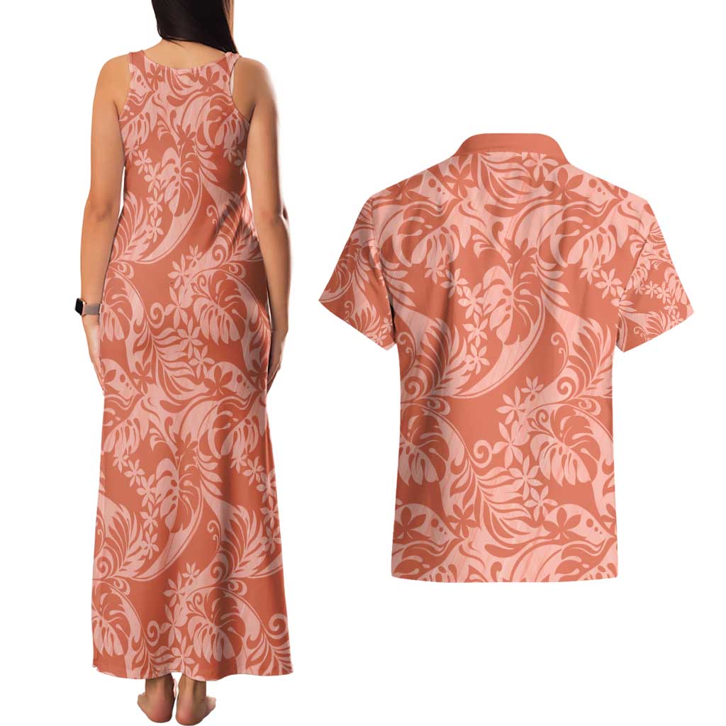 Tahiti Puatou Tiare Floral Couples Matching Tank Maxi Dress and Hawaiian Shirt Monstera Palm Tropical Leaves - Polynesian Pride