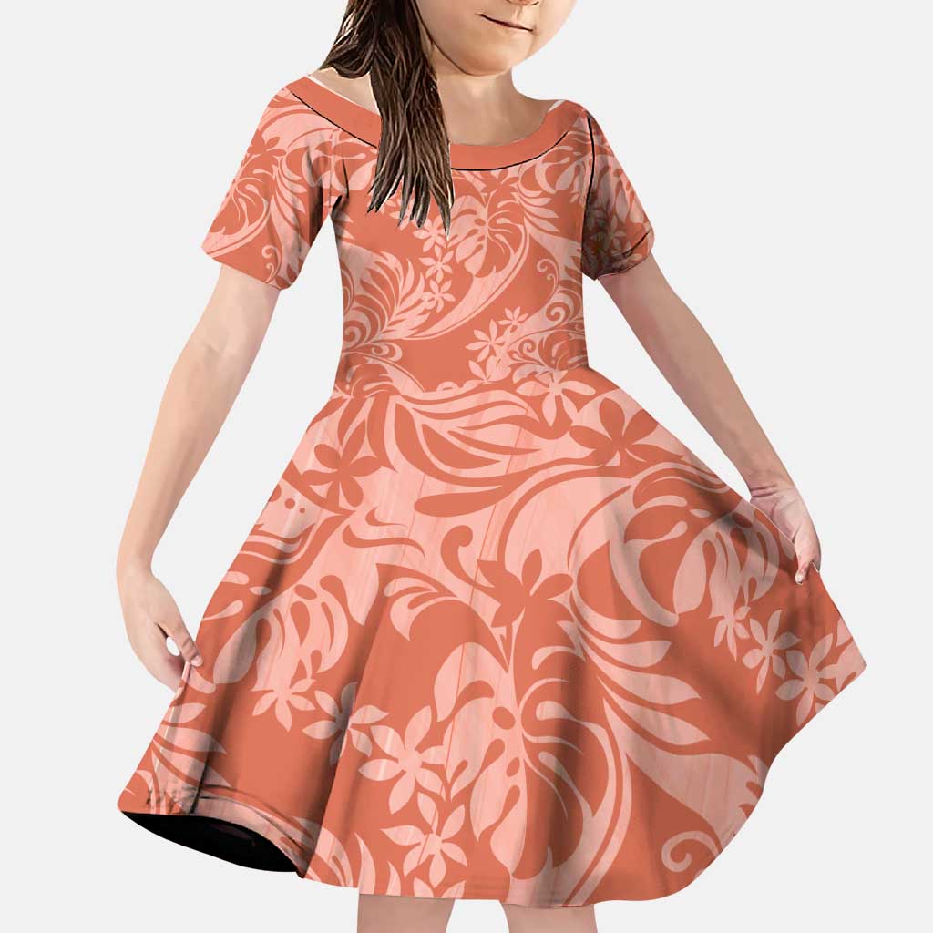Tahiti Puatou Tiare Floral Family Matching Summer Maxi Dress and Hawaiian Shirt Monstera Palm Tropical Leaves LT01 Daughter's Dress Orange - Polynesian Pride