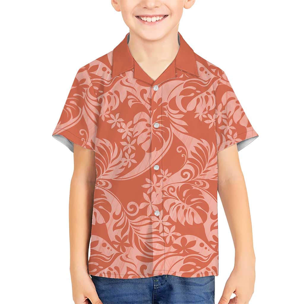 Tahiti Puatou Tiare Floral Family Matching Summer Maxi Dress and Hawaiian Shirt Monstera Palm Tropical Leaves LT01 Son's Shirt Orange - Polynesian Pride
