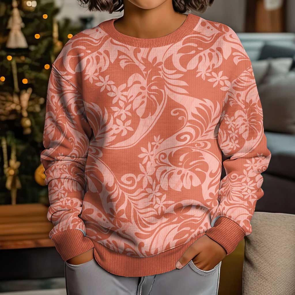 Tahiti Puatou Tiare Floral Kid Ugly Christmas Sweater Monstera Palm Tropical Leaves - Polynesian Pride