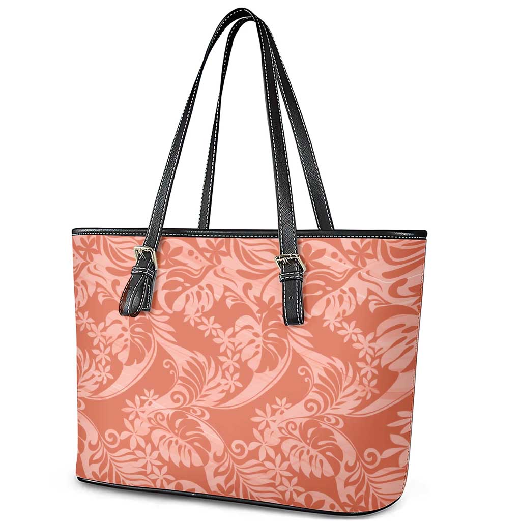 Tahiti Puatou Tiare Floral Leather Tote Bag Monstera Palm Tropical Leaves - Polynesian Pride