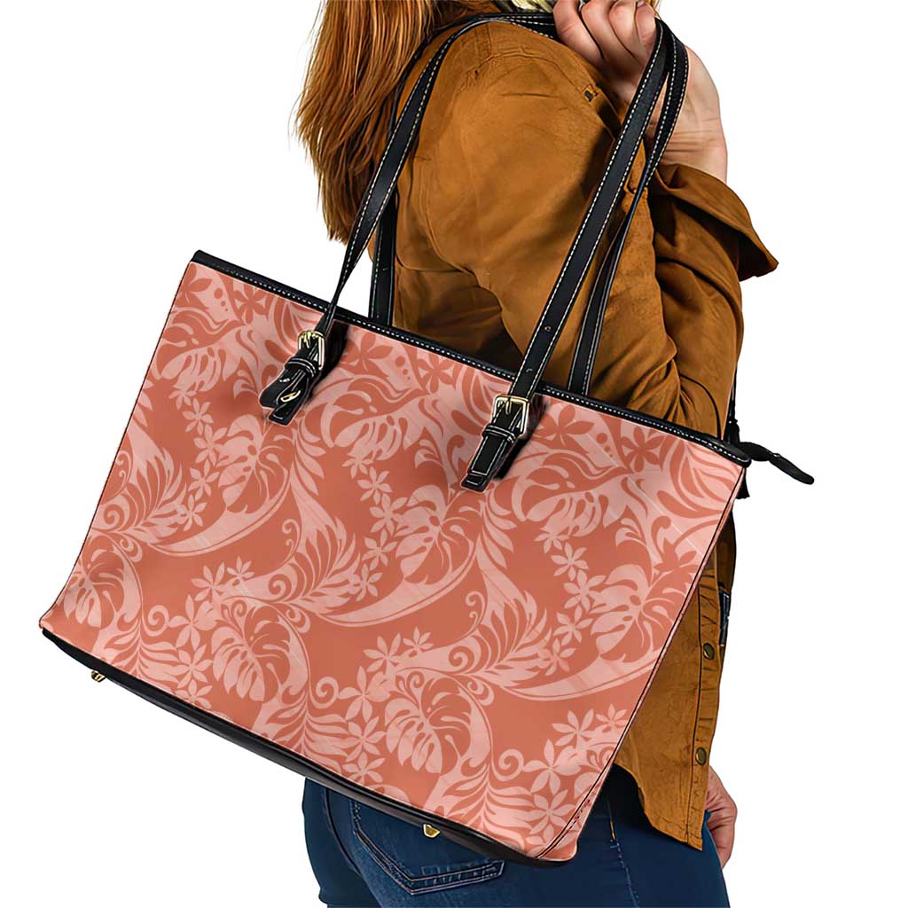 Tahiti Puatou Tiare Floral Leather Tote Bag Monstera Palm Tropical Leaves - Polynesian Pride