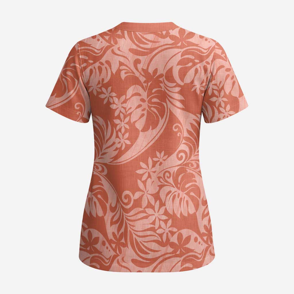 Tahiti Puatou Tiare Floral Scrub Top Monstera Palm Tropical Leaves - Polynesian Pride