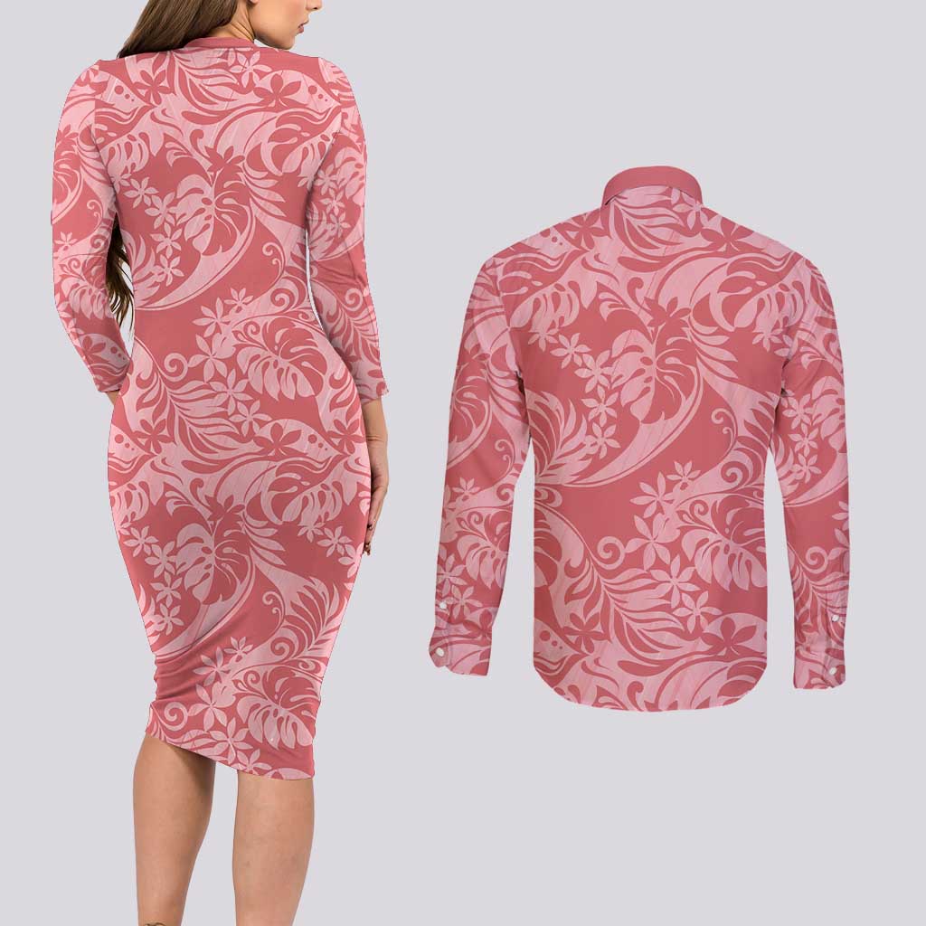 Tahiti Tarona Tiare Floral Couples Matching Long Sleeve Bodycon Dress and Long Sleeve Button Shirt Monstera Palm Tropical Leaves - Polynesian Pride