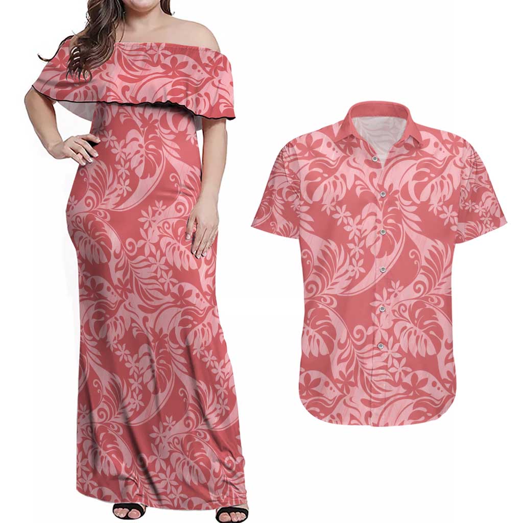 Tahiti Tarona Tiare Floral Couples Matching Off Shoulder Maxi Dress and Hawaiian Shirt Monstera Palm Tropical Leaves - Polynesian Pride