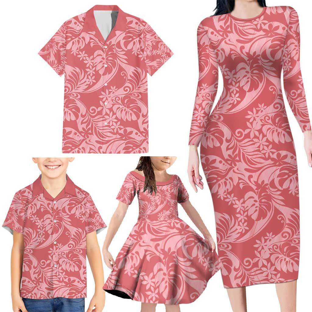 Tahiti Tarona Tiare Floral Family Matching Long Sleeve Bodycon Dress and Hawaiian Shirt Monstera Palm Tropical Leaves - Polynesian Pride
